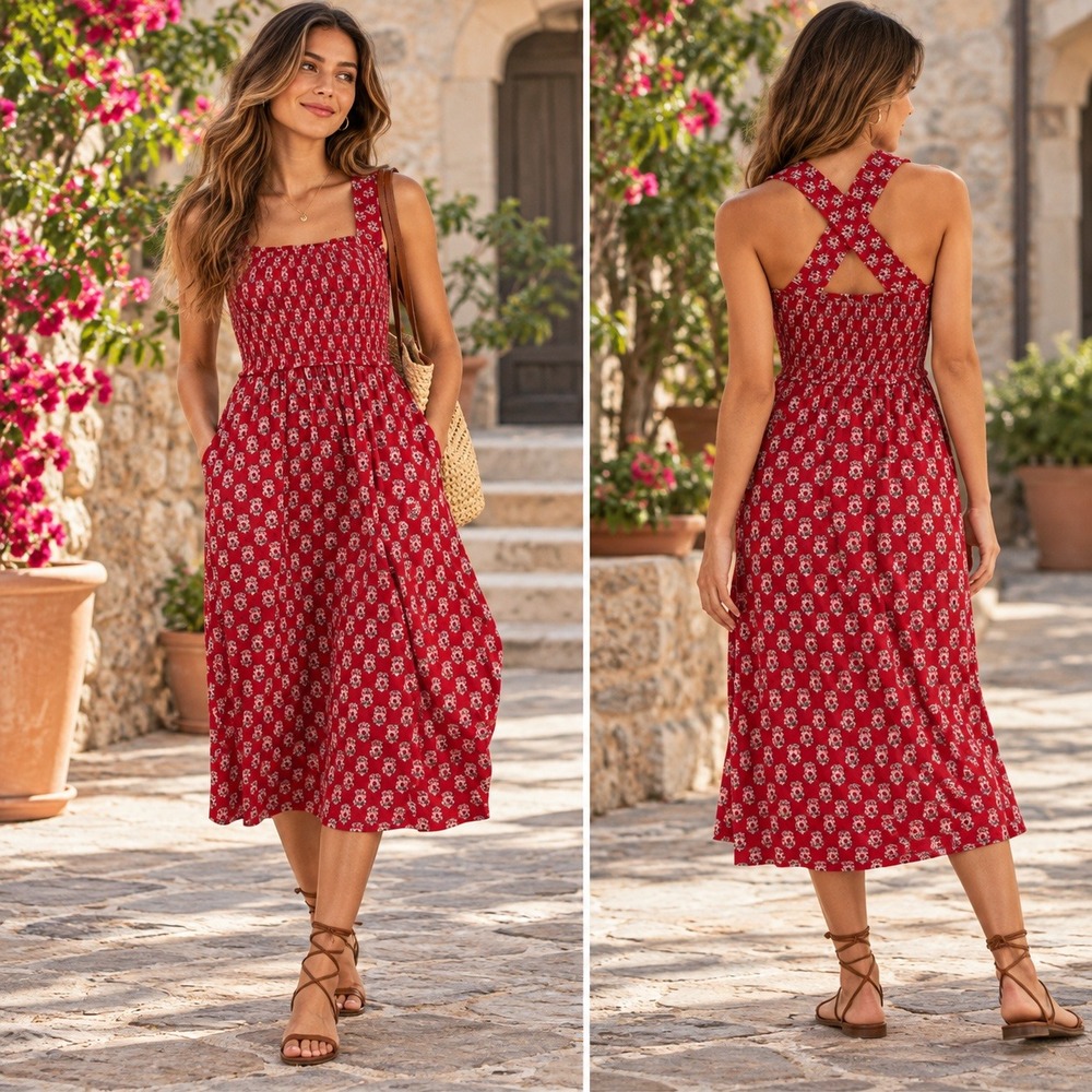 Boden Dress Womens 10 Red Floral Maxi Boho Cottagecore Summer